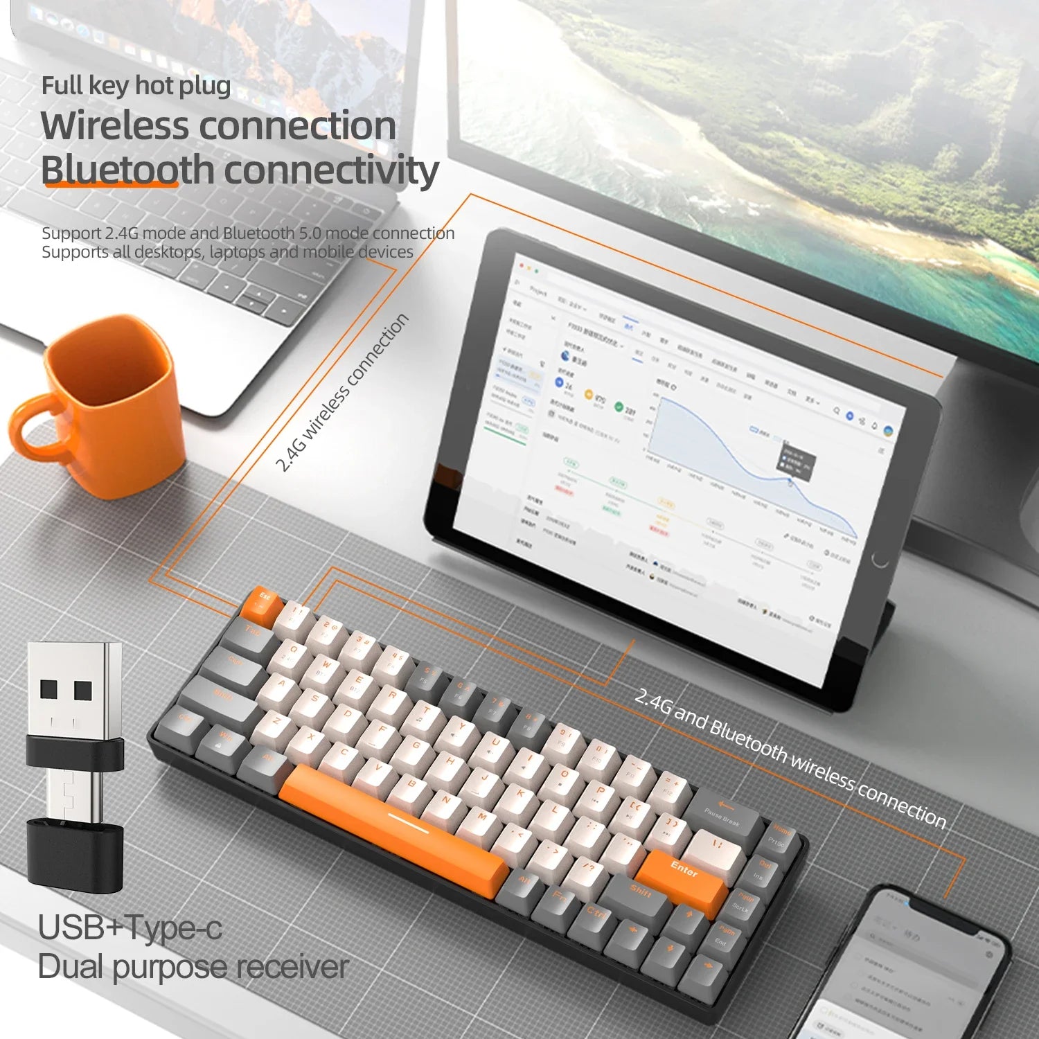 K68 Mini 68-Key Dual Mode Wireless Mechanical Keyboard Hot-Swappable Red Switch for PC iPhone iPad,K68 Keyboard