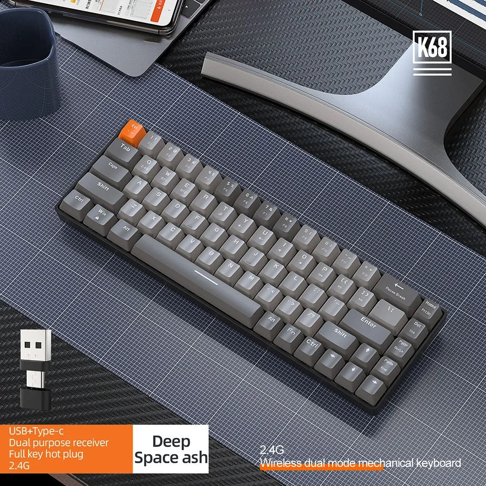 K68 Mini 68-Key Dual Mode Wireless Mechanical Keyboard Hot-Swappable Red Switch for PC iPhone iPad,K68 Keyboard