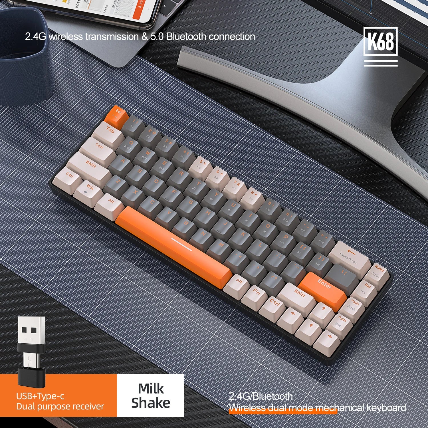 K68 Mini 68-Key Dual Mode Wireless Mechanical Keyboard Hot-Swappable Red Switch for PC iPhone iPad,K68 Keyboard