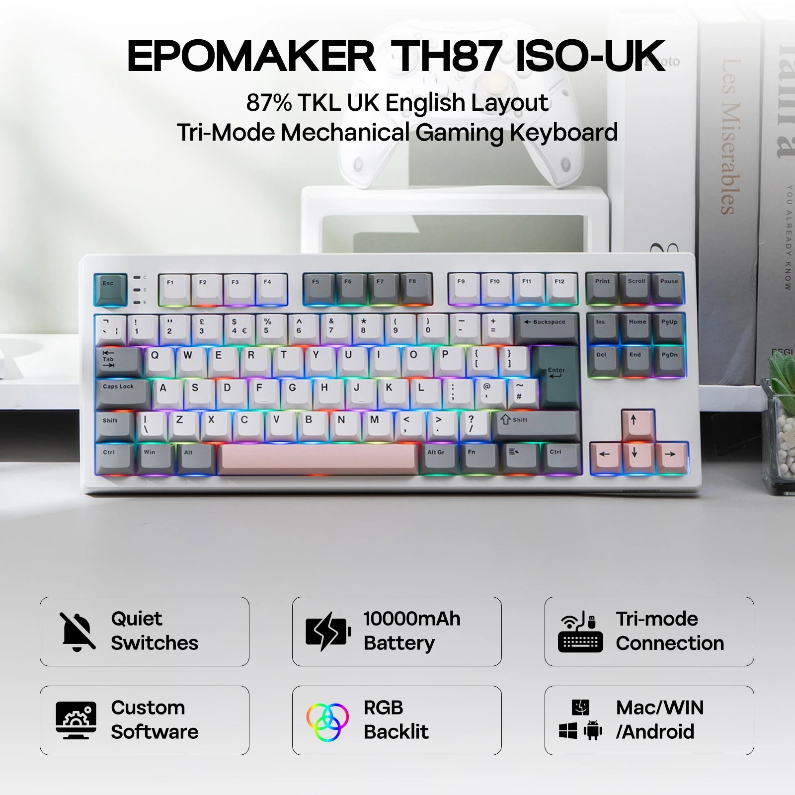 ISO-UK Layout EPOMAKER TH87 TKL Layout Wired/BT/2.4Ghz Wireless NKRO Mechanical Keyboard with 10000mAh Battery & RGB Light